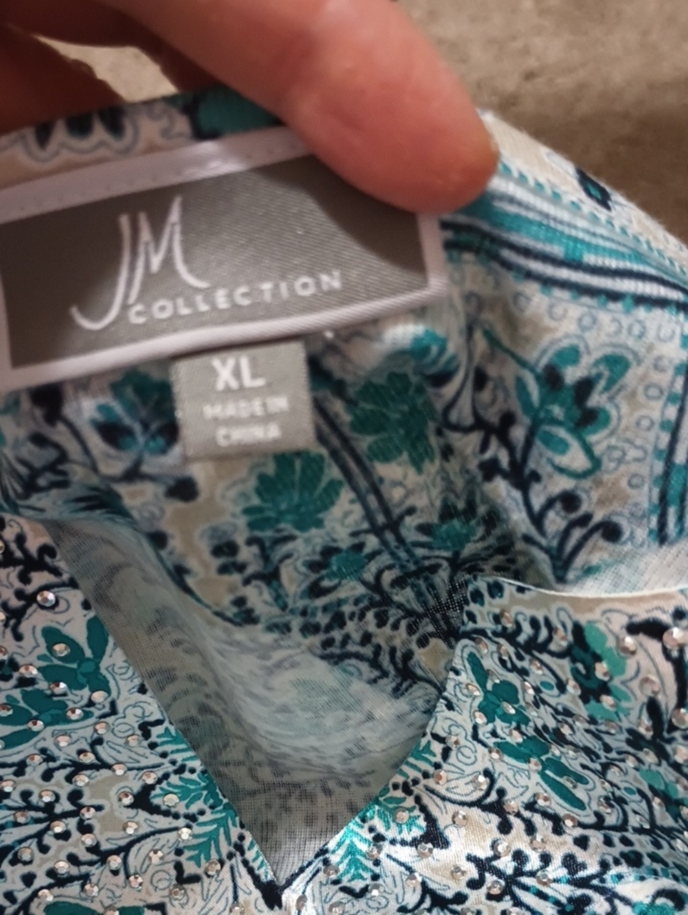 JM Collection Paisley Boho Tunic Top Beaded V-Neck XL Turquoise White NWOT - Picture 7 of 15